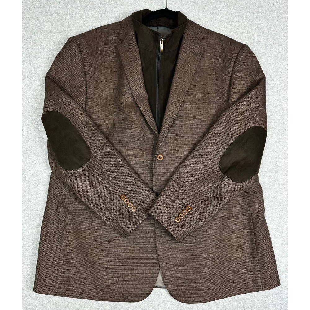 Pronto Moda Europa Wool Cashmere Blazer 48R Brown Elbow Patch Zipper Panel